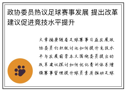 政协委员热议足球赛事发展 提出改革建议促进竞技水平提升